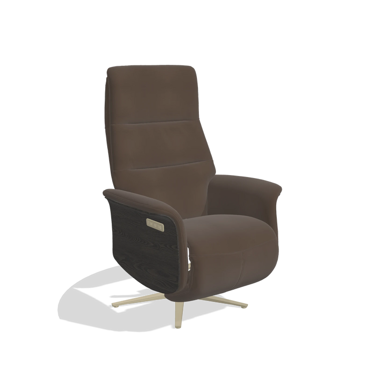 Recliner Atlas 6685 in Leather A825 (brown), tobacco wood side panels, champagne metal base, angled view