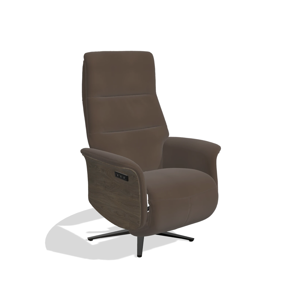 Recliner Atlas 6685 in Leather A825 (brown), walnut wood side panels, black metal base, angled view