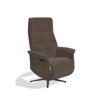 Recliner Atlas 6685 in Leather A825 (brown), walnut wood side panels, black metal base, angled view