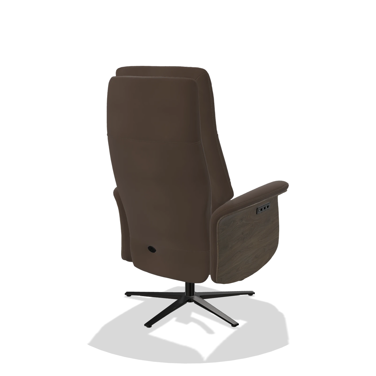 Recliner Atlas 6685 in Leather A825 (brown), walnut wood side panels, black metal base, back angled view
