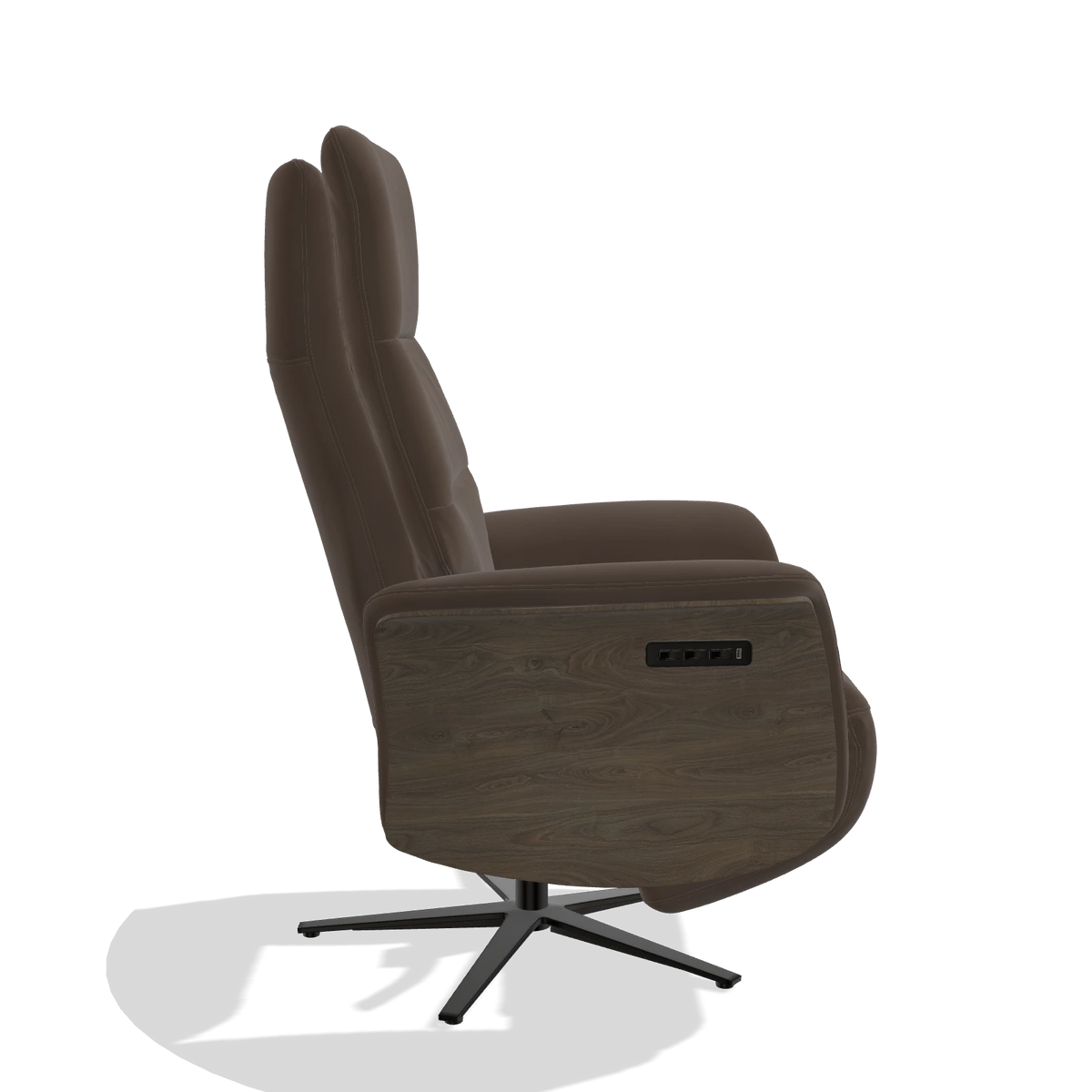 Recliner Atlas 6685 in Leather A825 (brown), walnut wood side panels, black metal base, side view