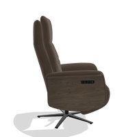 Recliner Atlas 6685 in Leather A825 (brown), walnut wood side panels, black metal base, side view