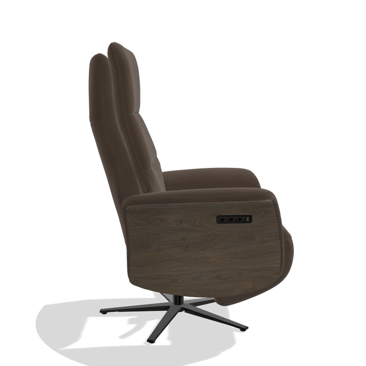 Recliner Atlas 6685 in Leather A825 (brown), walnut wood side panels, black metal base, side view