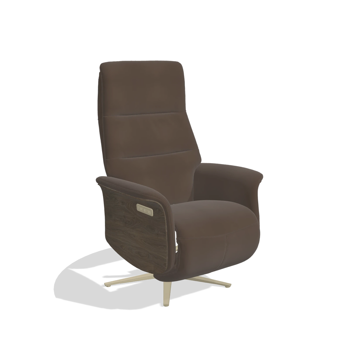 Recliner Atlas 6685 in Leather A825 (brown), walnut wood side panels, champagne metal base, angled view