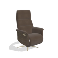 Recliner Atlas 6685 in Leather A825 (brown), walnut wood side panels, champagne metal base, angled view