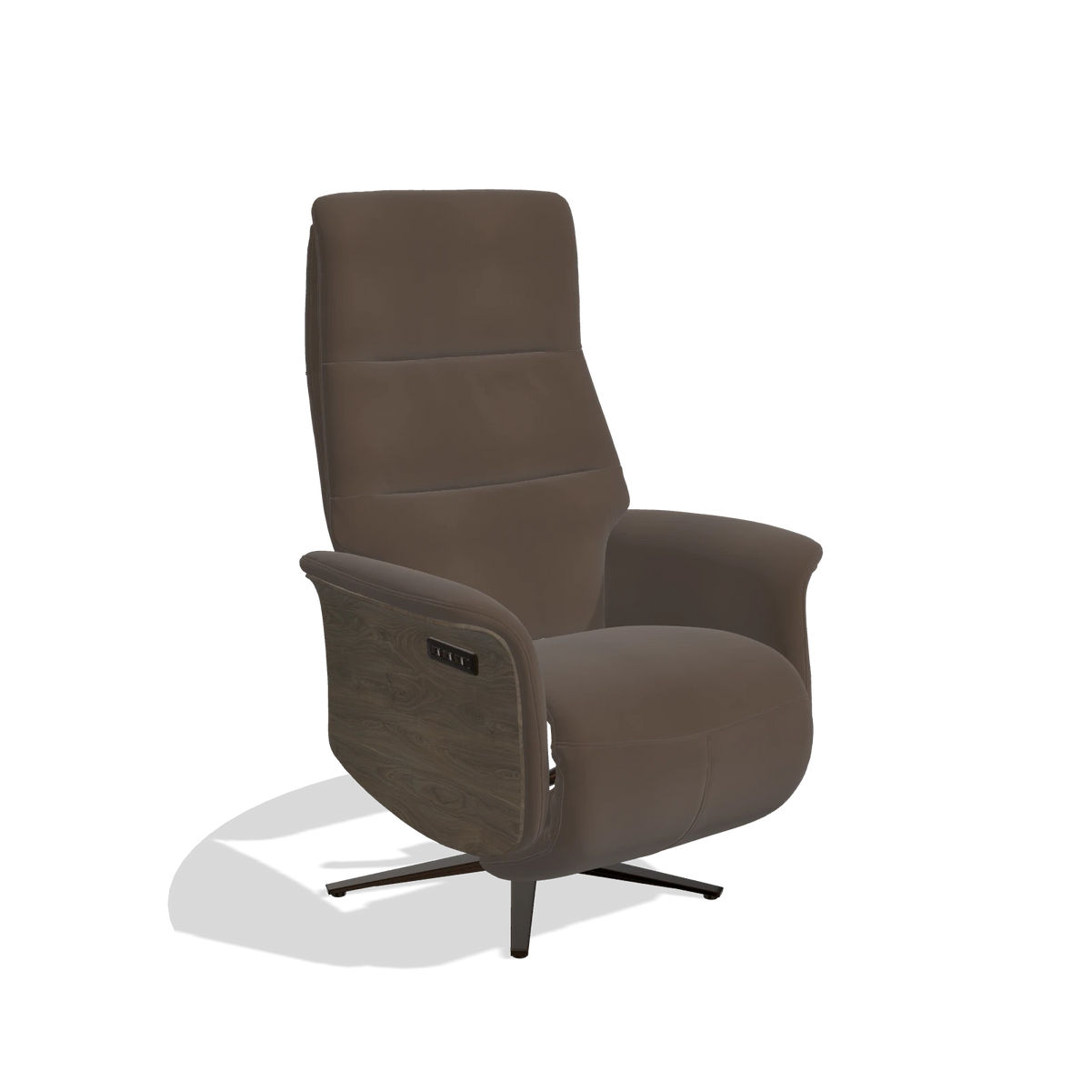 Recliner Atlas 6685 in Leather A825 (brown), walnut wood side panels, espresso metal base, angled view