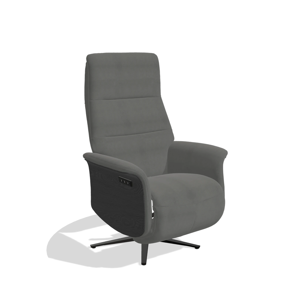 Recliner Atlas 6685 in Leather B400 (dark grey), black wood side panels, black metal base, angled view