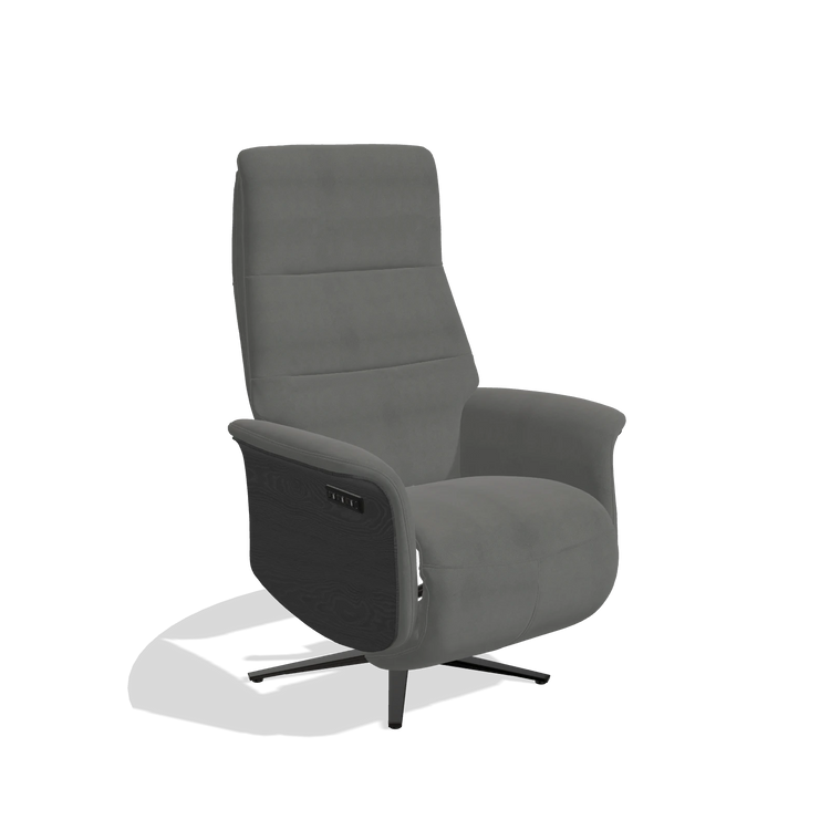 Recliner Atlas 6685 in Leather B400 (dark grey), black wood side panels, black metal base, angled view