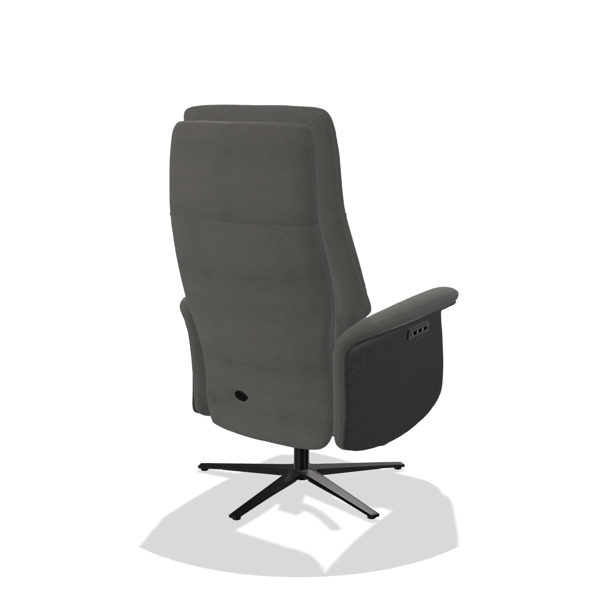 Recliner Atlas 6685 in Leather B400 (dark grey), black wood side panels, black metal base, back angled view