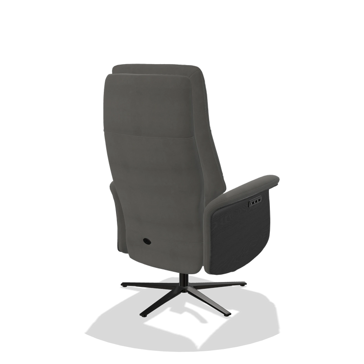 Recliner Atlas 6685 in Leather B400 (dark grey), black wood side panels, black metal base, back angled view