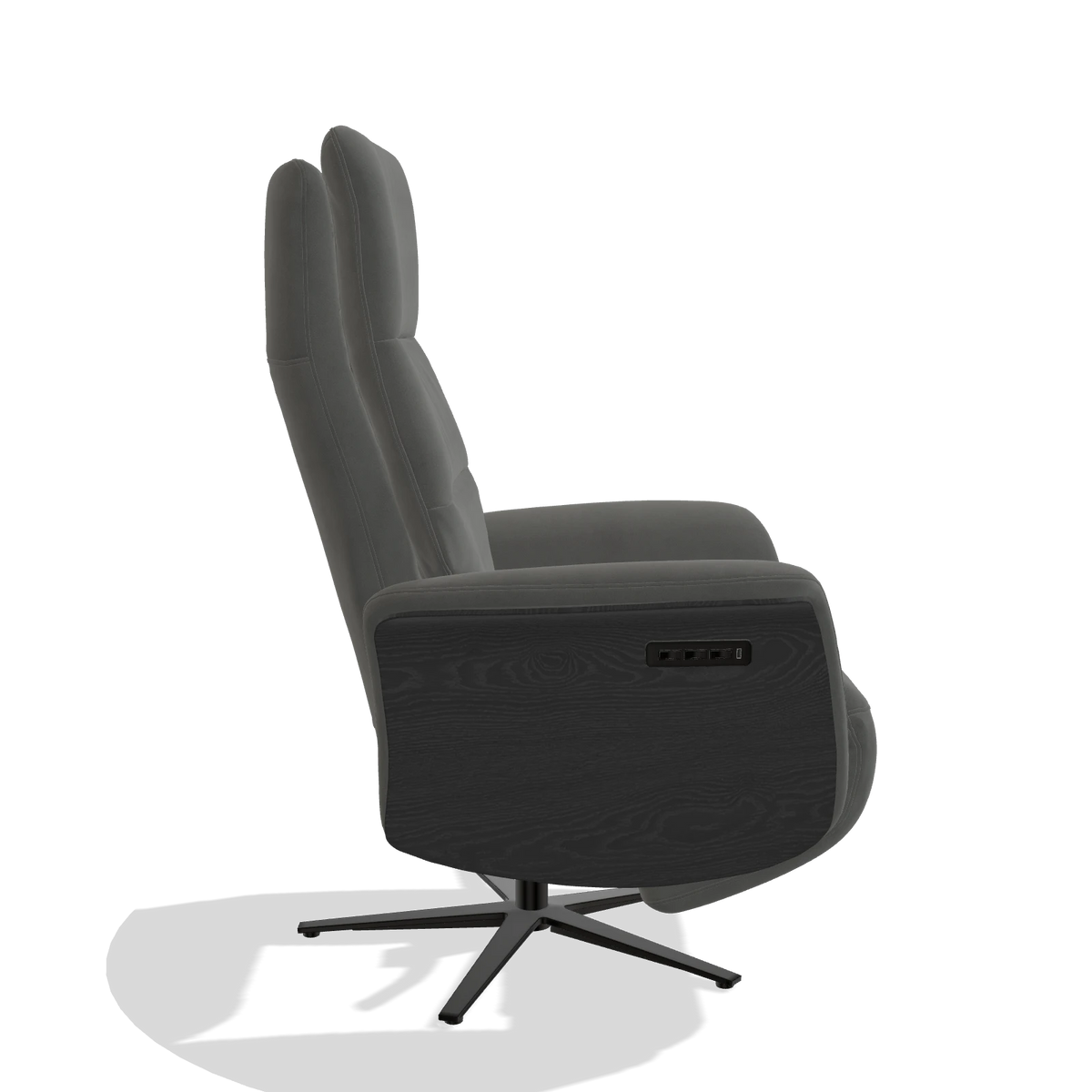 Recliner Atlas 6685 in Leather B400 (dark grey), black wood side panels, black metal base, side view