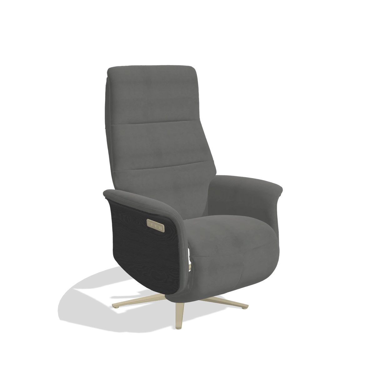 Recliner Atlas 6685 in Leather B400 (dark grey), black wood side panels, champagne metal base, angled view