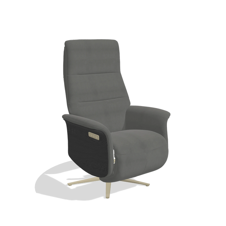 Recliner Atlas 6685 in Leather B400 (dark grey), black wood side panels, champagne metal base, angled view