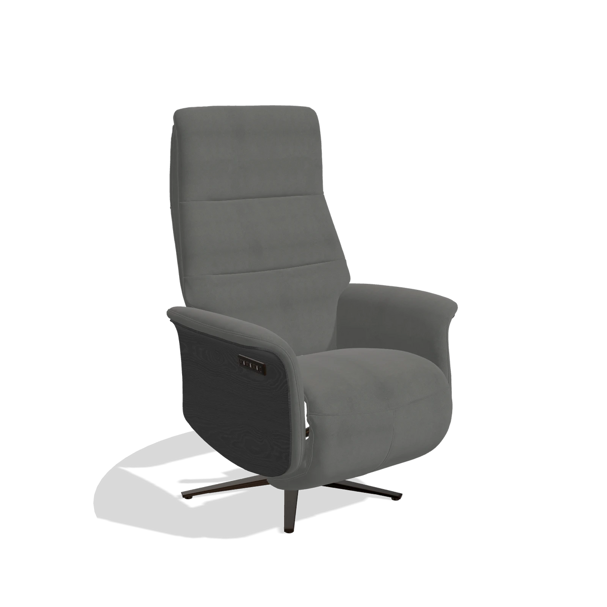 Recliner Atlas 6685 in Leather B400 (dark grey), black wood side panels, espresso metal base, angled view