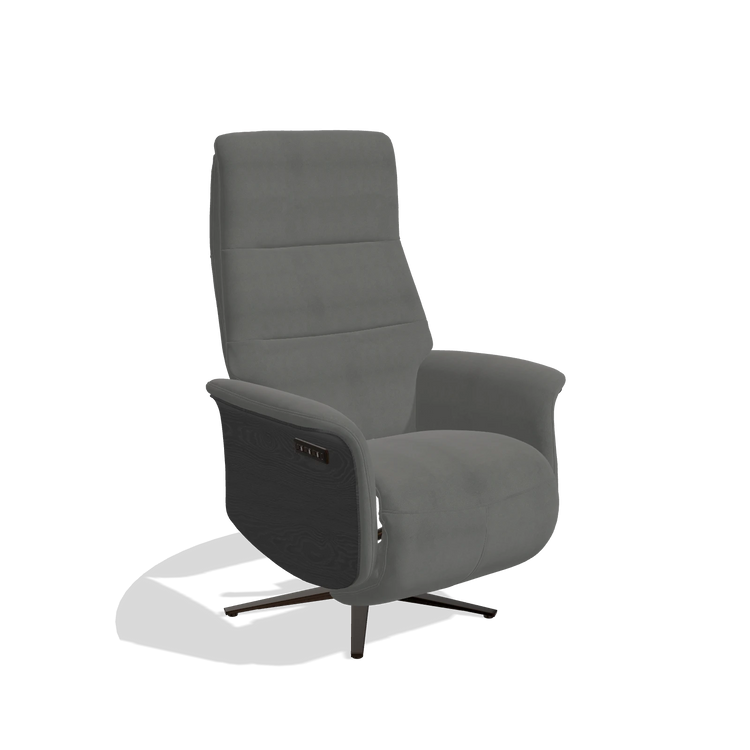 Recliner Atlas 6685 in Leather B400 (dark grey), black wood side panels, espresso metal base, angled view