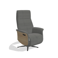 Recliner Atlas 6685 in Leather B400 (dark grey), natural wood side panels, black metal base, angled view