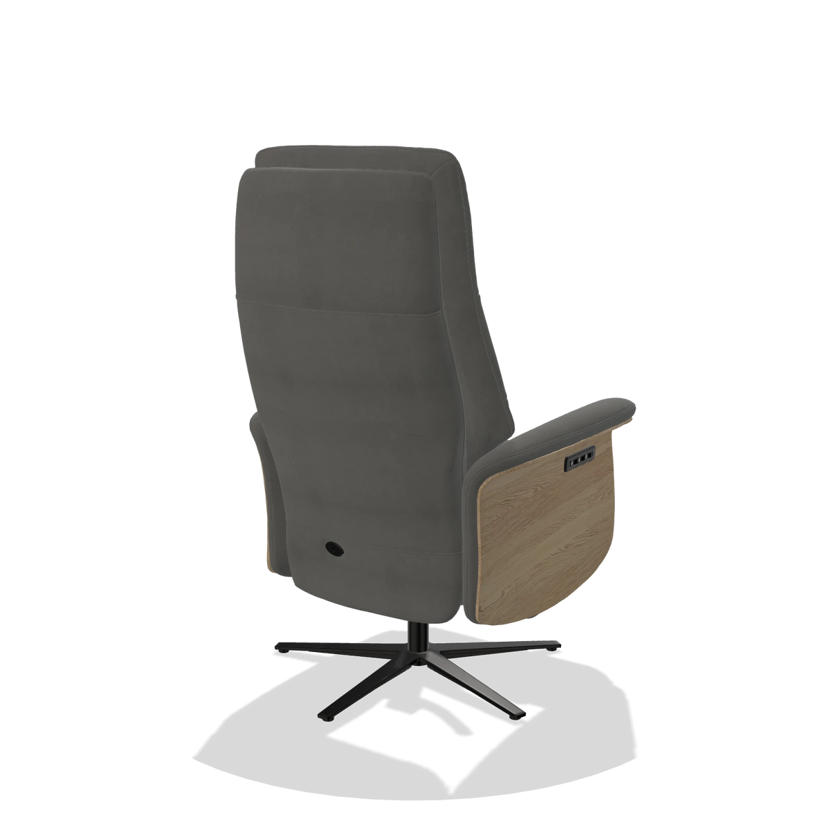 Recliner Atlas 6685 in Leather B400 (dark grey), natural wood side panels, black metal base, back angled view