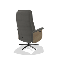Recliner Atlas 6685 in Leather B400 (dark grey), natural wood side panels, black metal base, back angled view