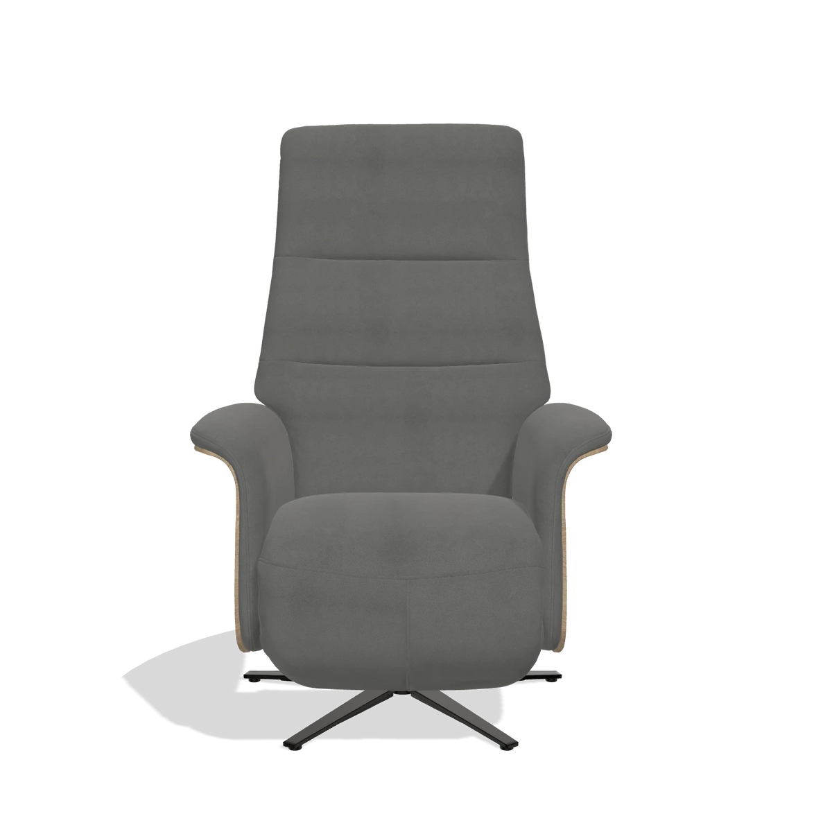 Recliner Atlas 6685 in Leather B400 (dark grey), natural wood side panels, black metal base, front view