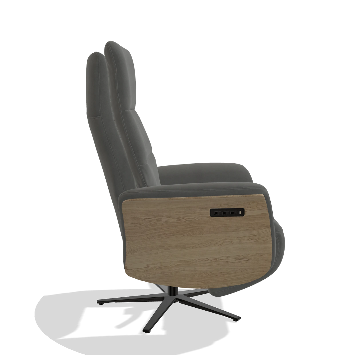 Recliner Atlas 6685 in Leather B400 (dark grey), natural wood side panels, black metal base, side view