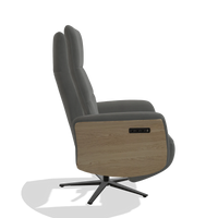 Recliner Atlas 6685 in Leather B400 (dark grey), natural wood side panels, black metal base, side view