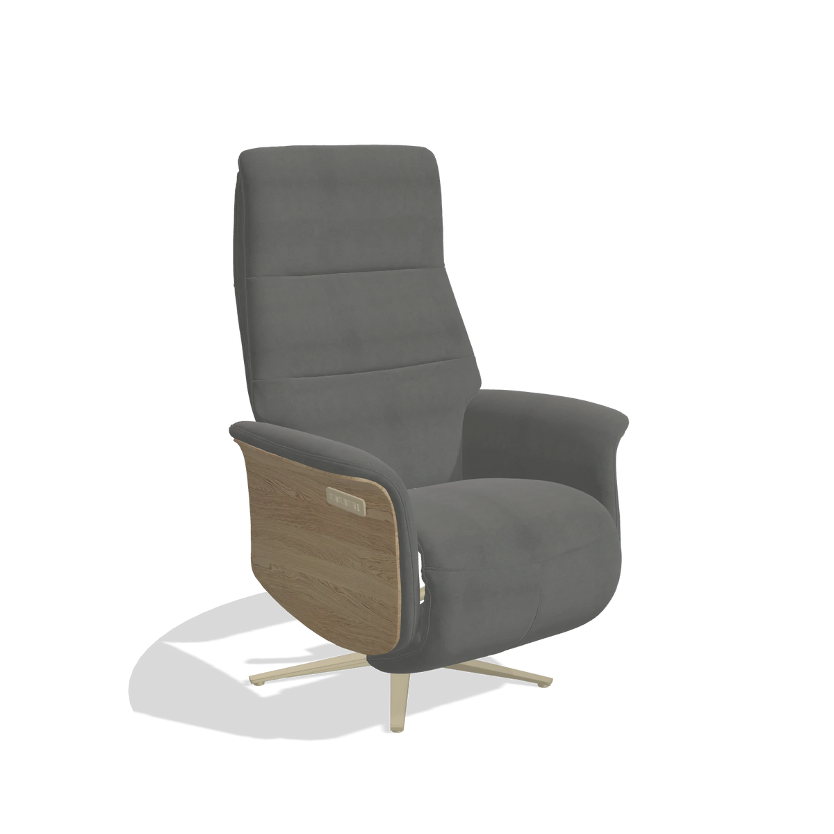 Recliner Atlas 6685 in Leather B400 (dark grey), natural wood side panels, champagne metal base, angled view