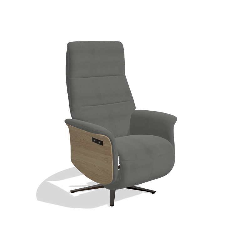Recliner Atlas 6685 in Leather B400 (dark grey), natural wood side panels, espresso metal base, angled view