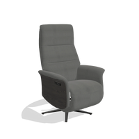 Recliner Atlas 6685 in Leather B400 (dark grey), tobacco wood side panels, black metal base, angled view