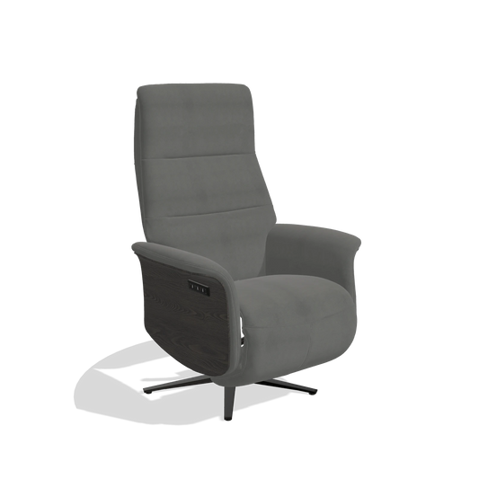 Sillón reclinable Atlas 6685 en Piel B400 (gris oscuro), paneles laterales de madera en tabaco, base metálica en negro, vista en ángulo