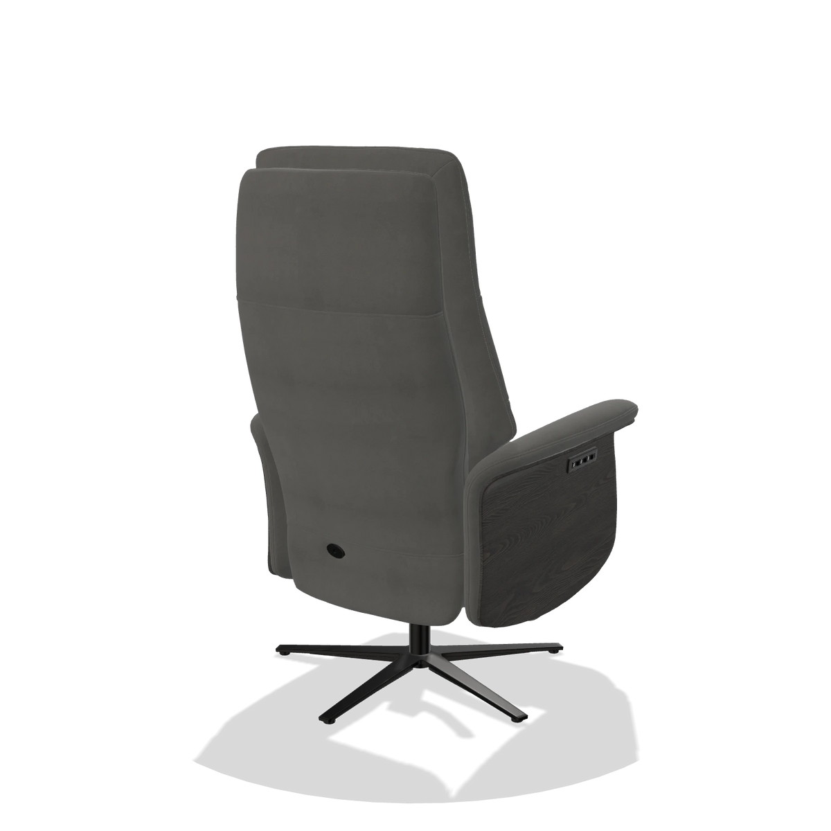 Recliner Atlas 6685 in Leather B400 (dark grey), tobacco wood side panels, black metal base, back angled view
