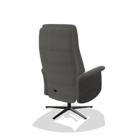 Recliner Atlas 6685 in Leather B400 (dark grey), tobacco wood side panels, black metal base, back angled view