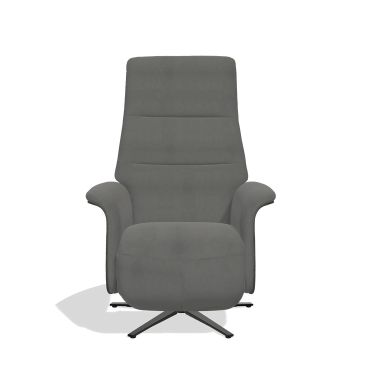 Recliner Atlas 6685 in Leather B400 (dark grey), tobacco wood side panels, black metal base, front view