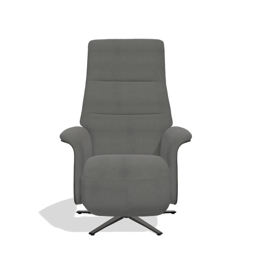 Sillón reclinable Atlas 6685 en Piel B400 (gris oscuro), paneles laterales de madera en tabaco, base metálica en negro, vista frontal