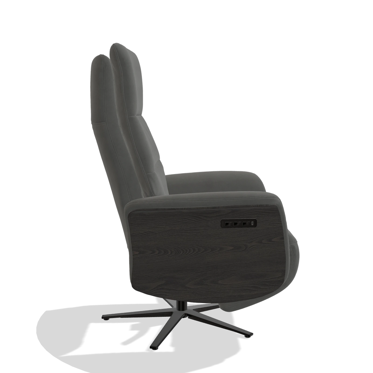 Recliner Atlas 6685 in Leather B400 (dark grey), tobacco wood side panels, black metal base, side view