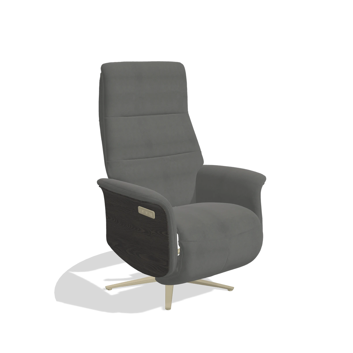 Recliner Atlas 6685 in Leather B400 (dark grey), tobacco wood side panels, champagne metal base, angled view