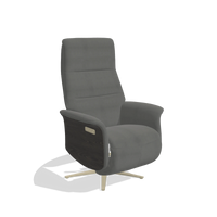 Recliner Atlas 6685 in Leather B400 (dark grey), tobacco wood side panels, champagne metal base, angled view