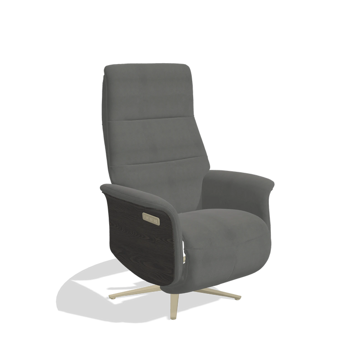Recliner Atlas 6685 in Leather B400 (dark grey), tobacco wood side panels, champagne metal base, angled view