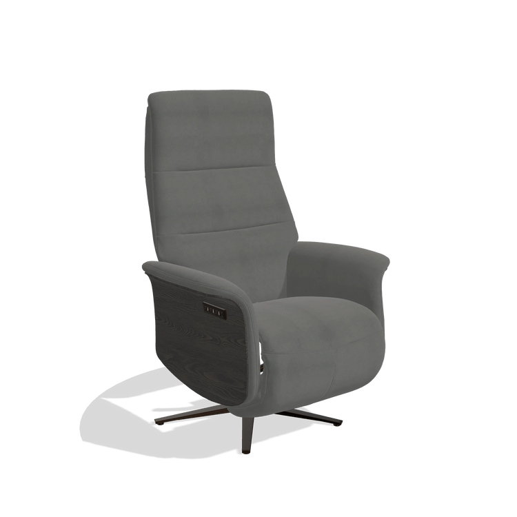 Recliner Atlas 6685 in Leather B400 (dark grey), tobacco wood side panels, espresso metal base, angled view