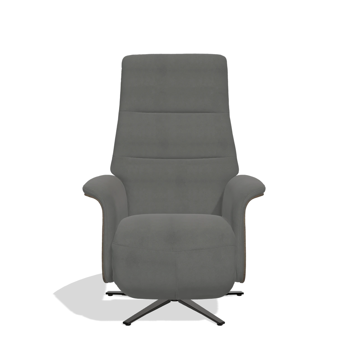 Recliner Atlas 6685 in Leather B400 (dark grey), walnut wood side panels, black metal base, front view