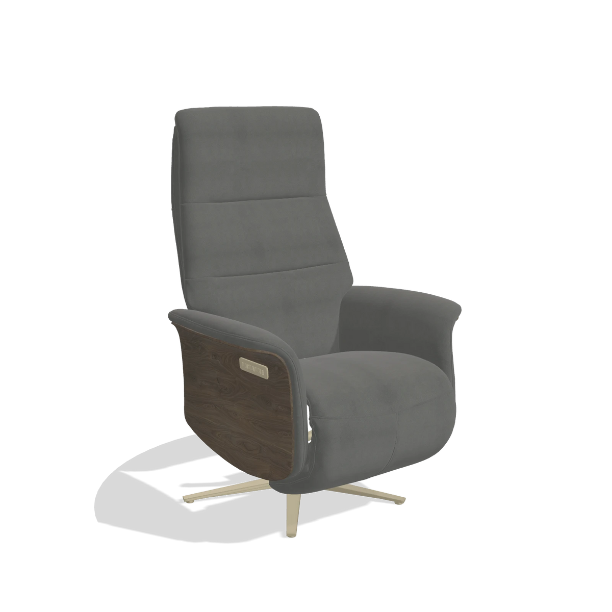 Recliner Atlas 6685 in Leather B400 (dark grey), walnut wood side panels, champagne metal base, angled view