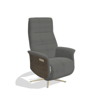 Recliner Atlas 6685 in Leather B400 (dark grey), walnut wood side panels, champagne metal base, angled view