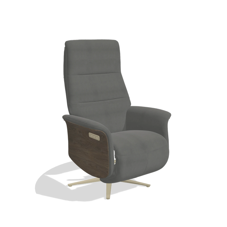 Recliner Atlas 6685 in Leather B400 (dark grey), walnut wood side panels, champagne metal base, angled view