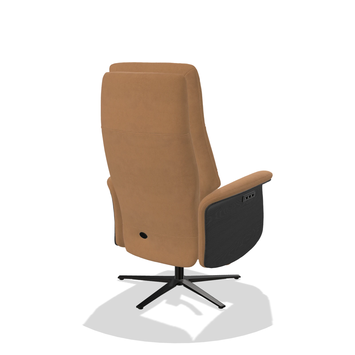 Recliner Atlas 6685 in Leather B401 (mustard), black wood side panels, black metal base, back angled view