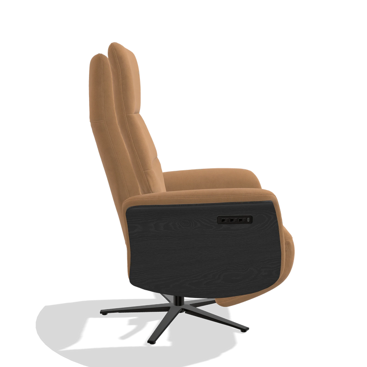 Recliner Atlas 6685 in Leather B401 (mustard), black wood side panels, black metal base, side view