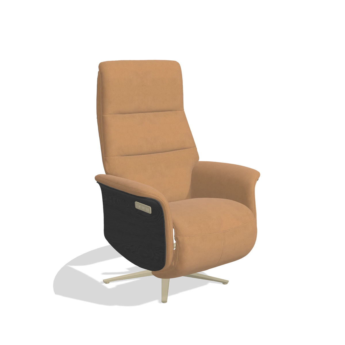 Recliner Atlas 6685 in Leather B401 (mustard), black wood side panels, champagne metal base, angled view