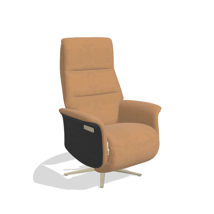 Recliner Atlas 6685 in Leather B401 (mustard), black wood side panels, champagne metal base, angled view