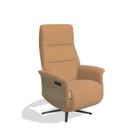 Recliner Atlas 6685 in Leather B401 (mustard), natural wood side panels, black metal base, angled view