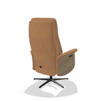Recliner Atlas 6685 in Leather B401 (mustard), natural wood side panels, black metal base, back angled view