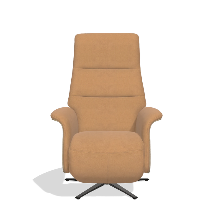 Recliner Atlas 6685 in Leather B401 (mustard), natural wood side panels, black metal base, front view