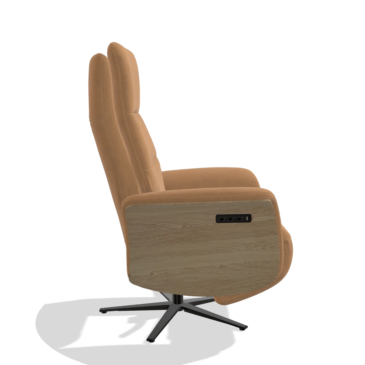 Recliner Atlas 6685 in Leather B401 (mustard), natural wood side panels, black metal base, side view